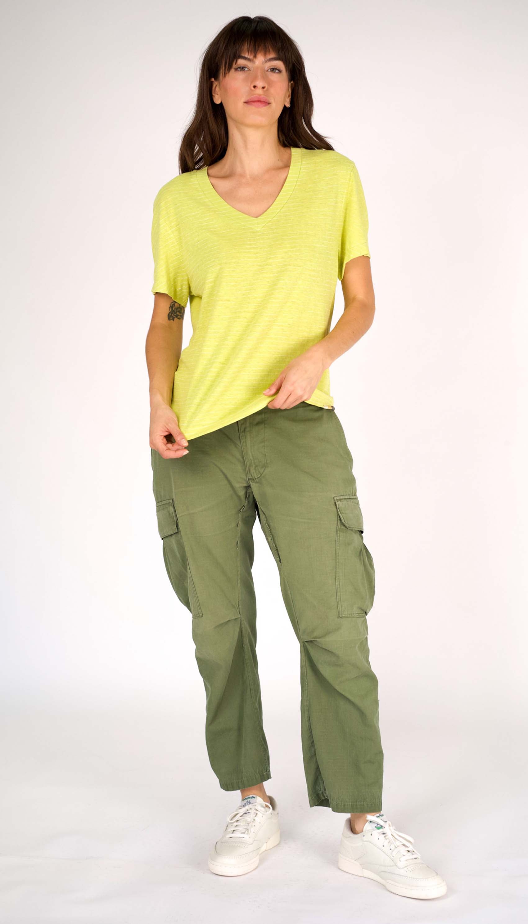 Hemp Stripe V Neck Stripe