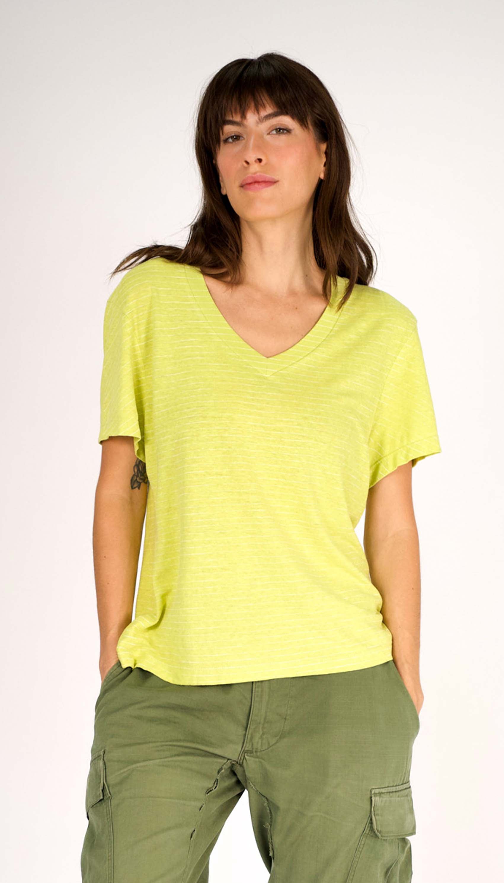 Hemp Stripe V Neck Stripe