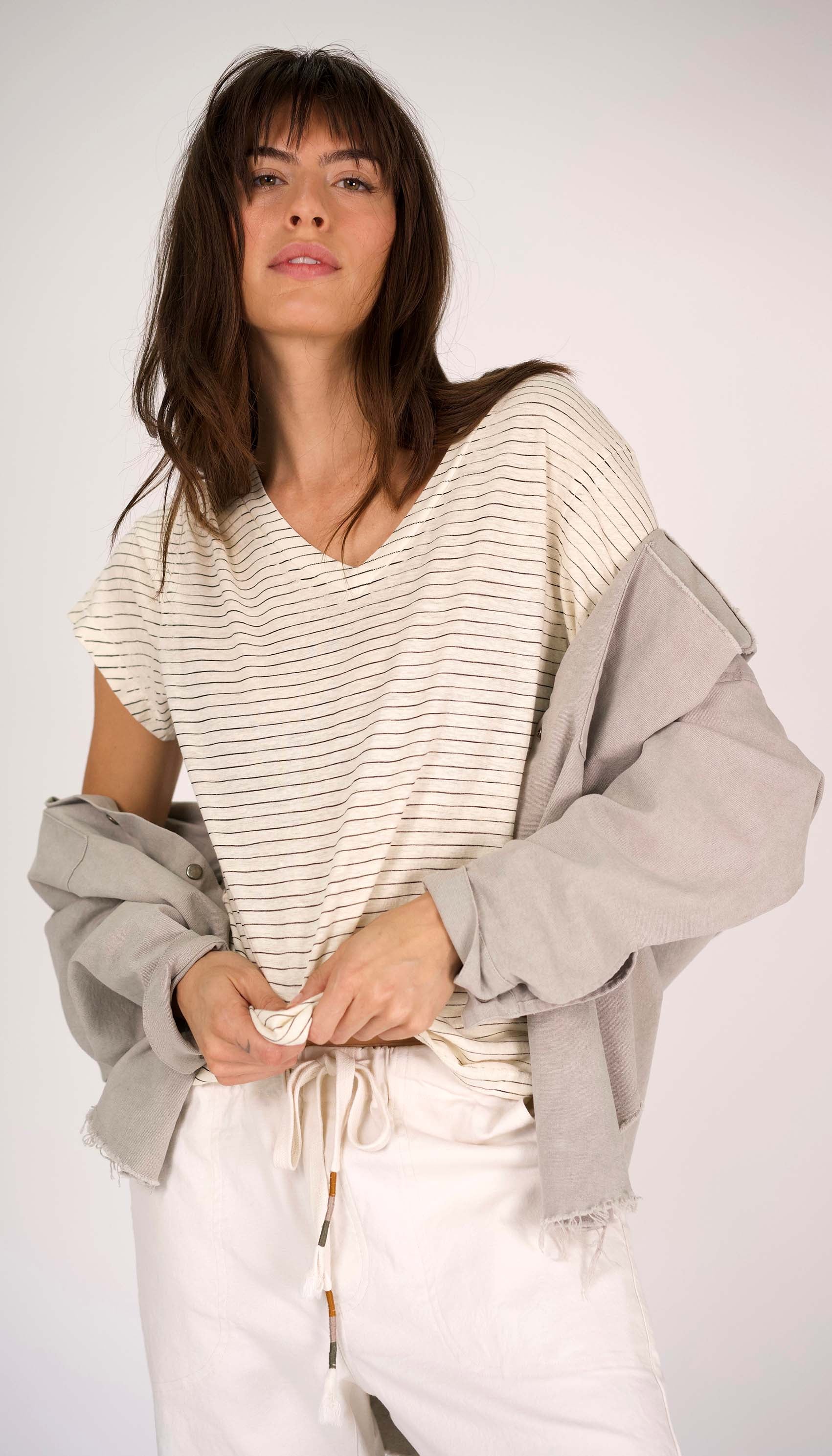 Hemp Stripe V Neck Stripe