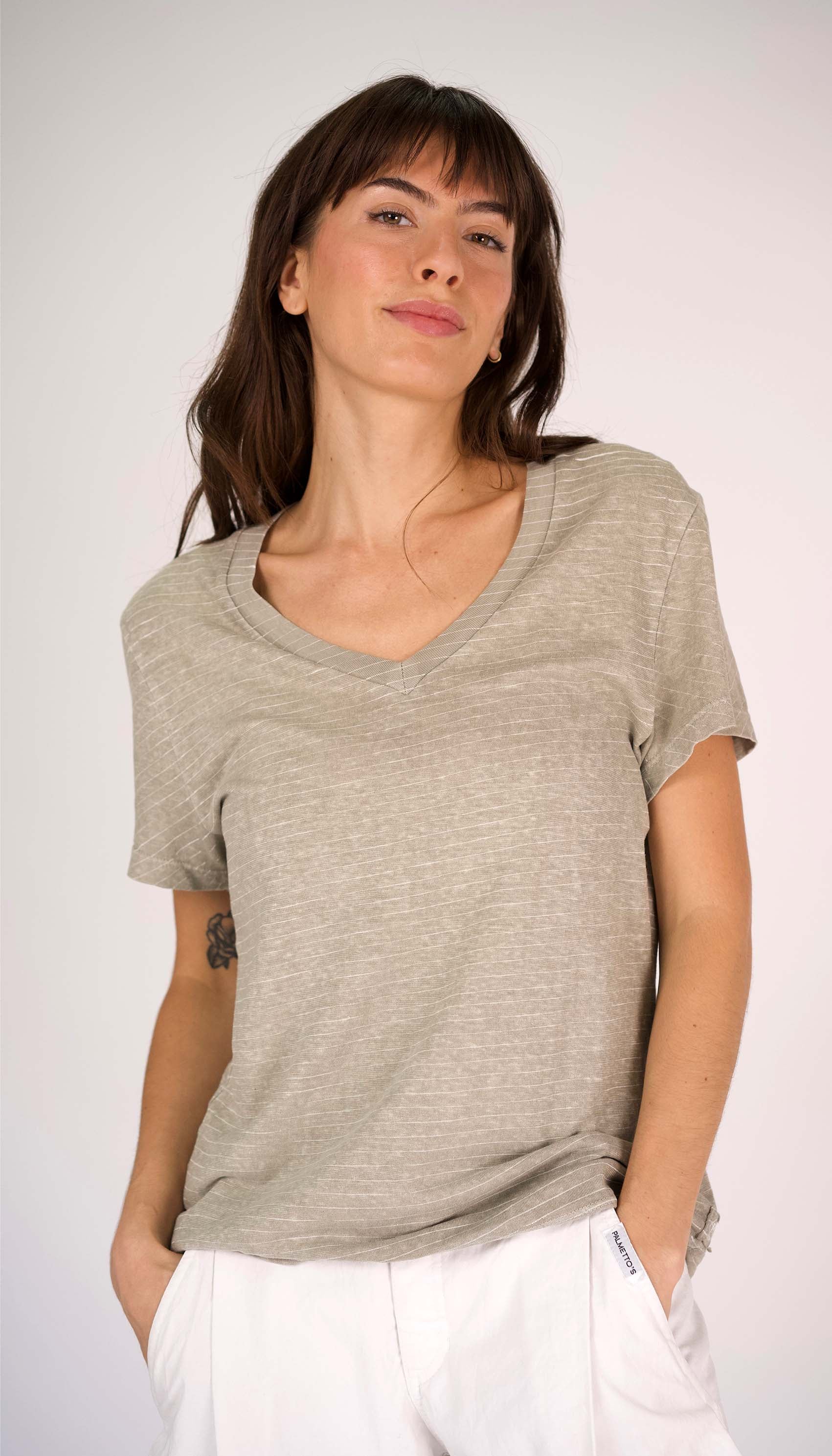 Hemp Stripe V Neck Stripe