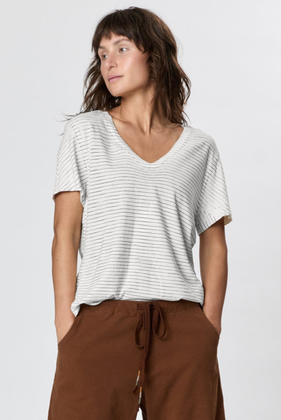 Hemp Stripe V Neck Stripe